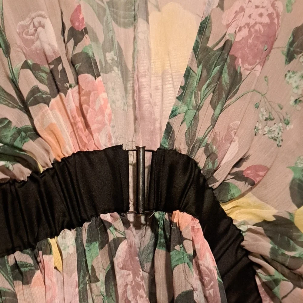 H&M Floral Kimono Sleeve Blouse - Pink, Green, Yellow With Style Belt Cover Up - Picture 3 of 4